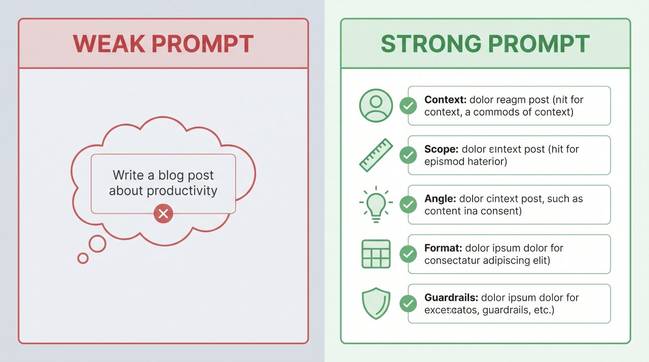 Comparison chart showing weak prompt vs strong prompt side-by-side with checkmarks