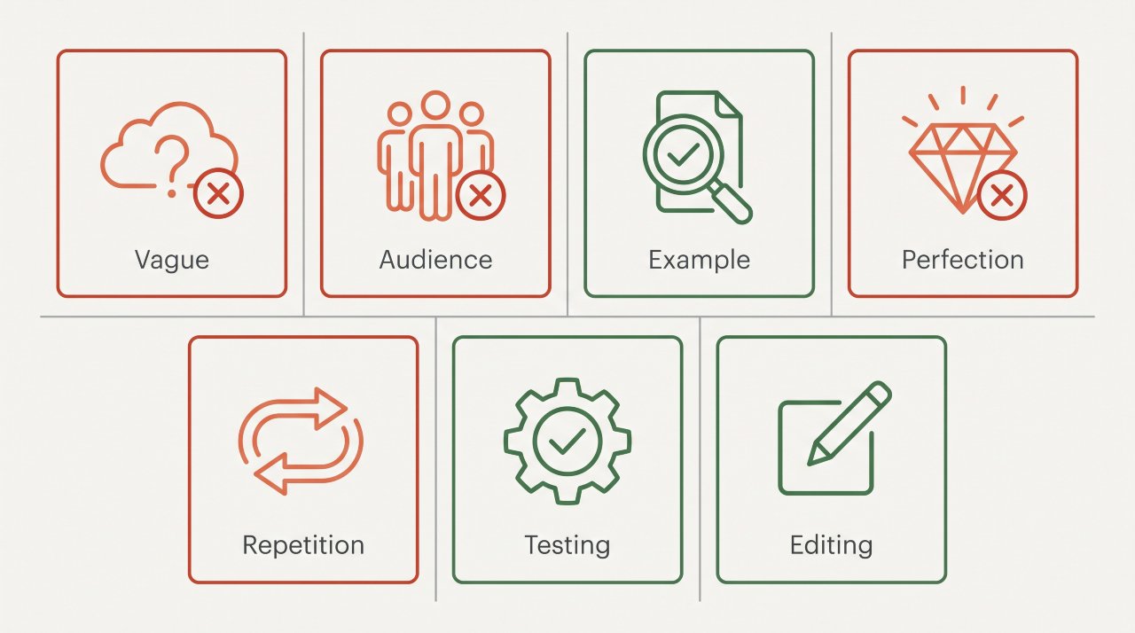 Icon-based visual showing 7 common mistakes with warning symbols and corrections