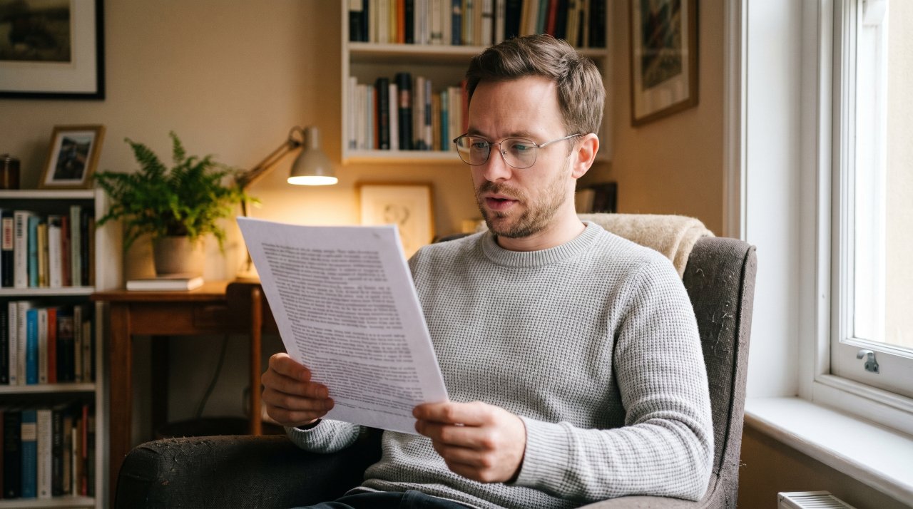 Writer reading printed text aloud to check rhythm and flow of writing