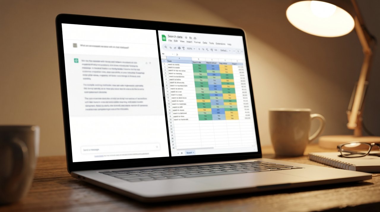 Laptop screen showing AI writing tool interface alongside SEO keyword research data