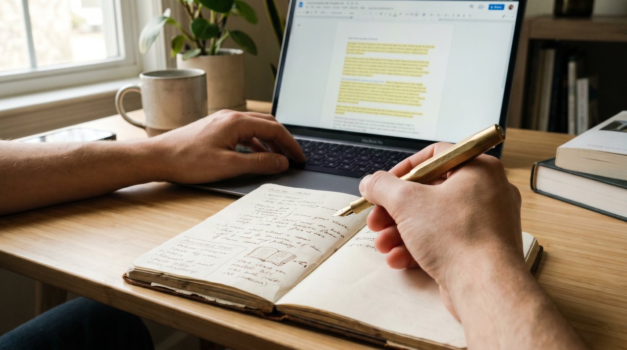 Person editing AI-written SEO content draft on screen with pen and notebook nearby