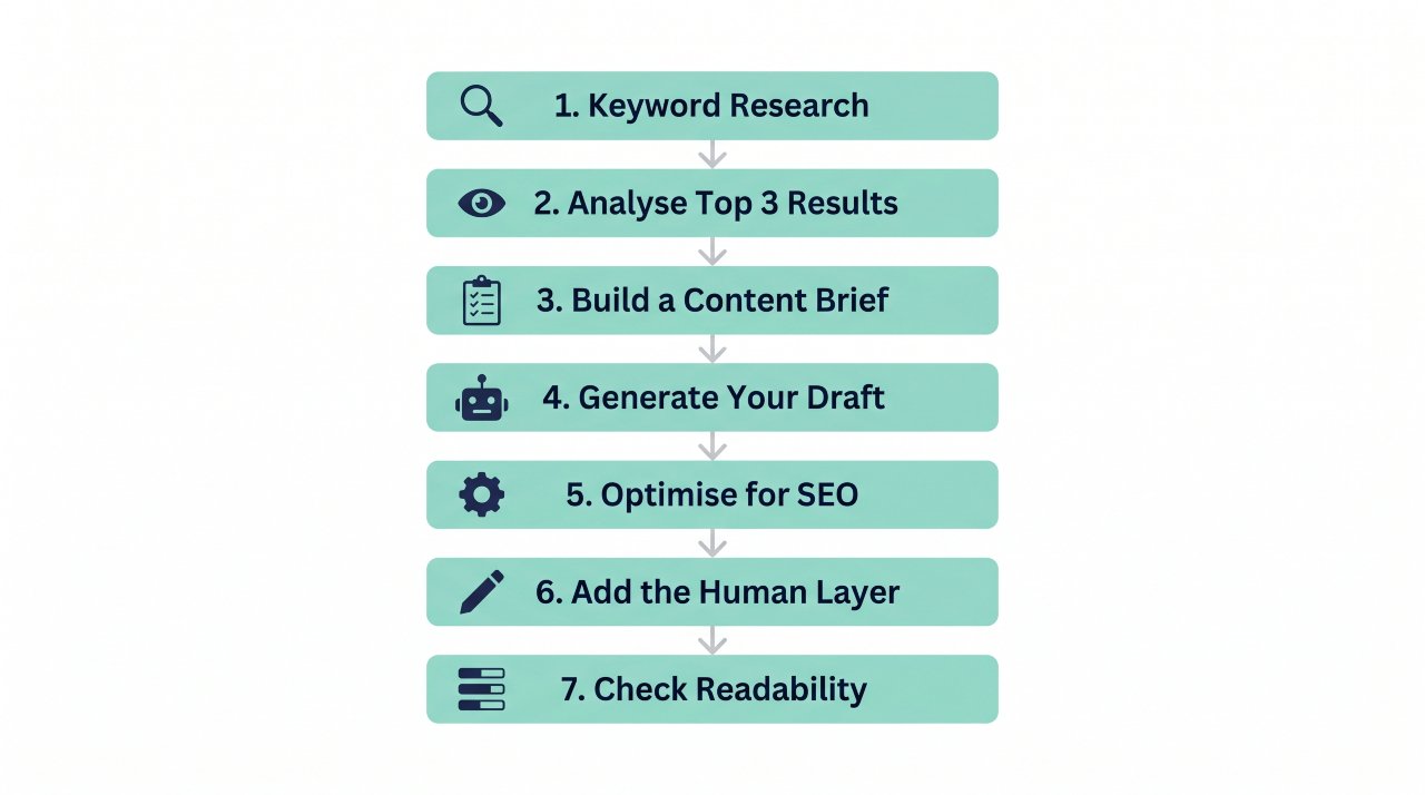 Seven-step flowchart showing how to use AI to write SEO content that ranks