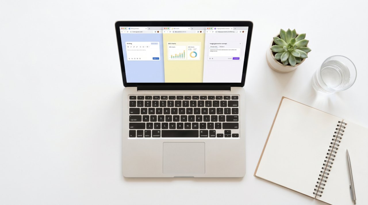 Blogger using multiple AI tools on screen for writing and SEO tasks
